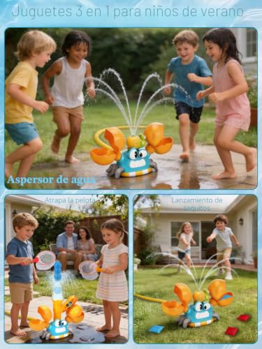 3-en-1 Juegos de Agua para Niños Exterior, Juguete de Aspersores Forma de Cangrejo con Juego de Lanzar Tela y Atrapar Pelota, Juguetes Verano para 3 4 5 6 7 8 9Años, Regalo Creativo para Niños y Niñas