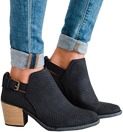 FISACE Women's Faux Suede Closed Toe Low Heel Western Ankle Bootie