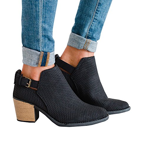 FISACE Women's Faux Suede Closed Toe Low Heel Western Ankle Bootie