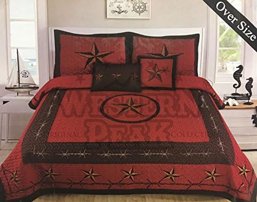 Western Peak 5 Pc Western Texas Cross Lodge Barbed Wire Quilt Bedspread Shams Pillow Oversize Comforter (Red Star, Queen)