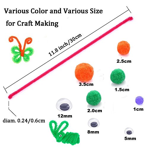 Pipe Cleaners Craft Set Meiso 500 Pcs Craft Supplies Including 100 Pcs Chenille Stems with 250 Pcs Pom Poms Craft and 150 Pcs Wiggle Googly Eyes Self Adhesive Assorted Colors Sizes for DIY Art Craft - Thumbnail 6