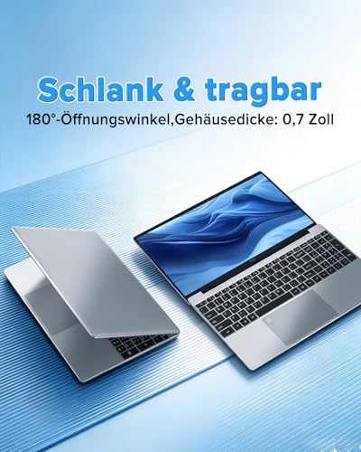 2026 Laptop Computer Notebook QWERTY mit Deutscher Tastaturfolie,15.6" IPS FHD Display,8GB RAM 256GB SSD,Celeron N5100,WiFi5,BT5.0,USB3.0,Beleuchtete Tastatur,Fingerprint für Büro & Studenten,Silber