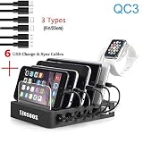 COSOOS Fastest Charging Station with QC3, 6 Phone Charger Cables(3 Types),lWatch Stand,6-Port USB Charger Station,Charging Station for Multiple Devices,Tablet,Kindle(UL Certified)