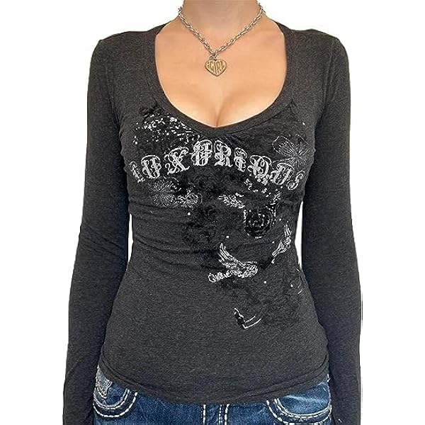 Women Y2k Long Sleeve Shirt Retro Print Loose Fit Crop Tops