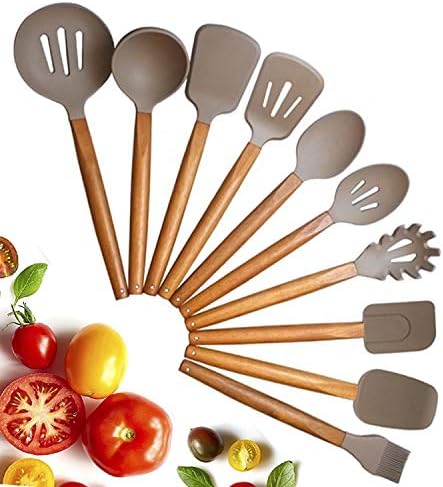 Kitchen Utensil Set - 10 Acacia Natural Wooden Silicone Cooking Utensils - Nonstick Cookware