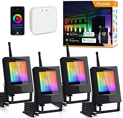 MustWin Good Flood Mild, 20W LED Flood Lights Bluetooth Mesh 4 Pack 16 Million Coloration Altering RGBCW, Work with Alexa Google Residence, IP65 Waterproof Dimmable for Outside Panorama Stage (Hub Included)