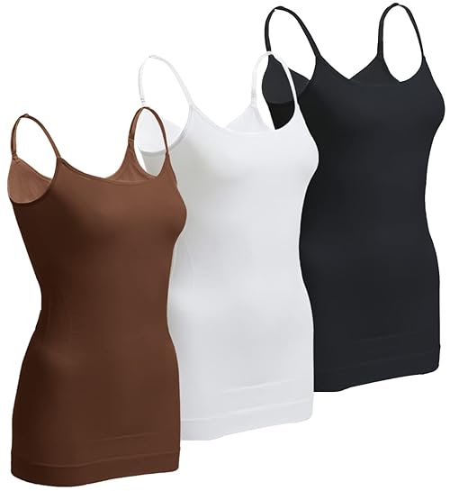 OLCHEE Women's 3PACK Tummy Control Shapewear Camisole Tank Tops - Seamless Spaghetti Strap Slimming Body Shaper, Black White Chocolate, Size L