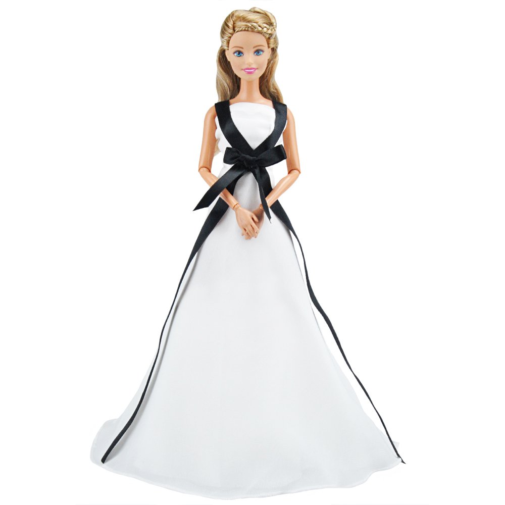 E-TING Barbie Fashionista Wedding Party Dress Handmade Clothing for Barbie Doll (Black Ribbon White Wedding Dress)