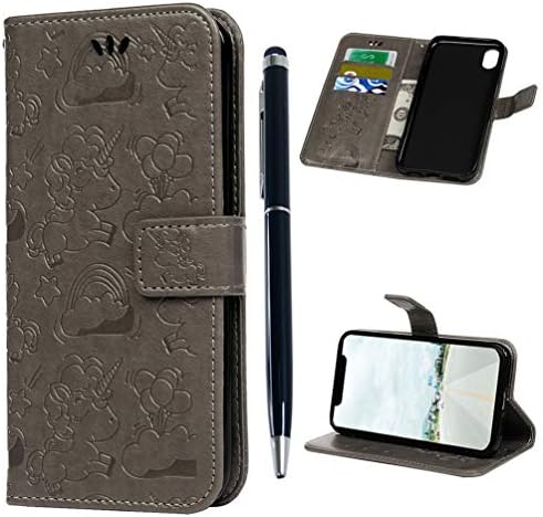 Edauto iPhone XR Case, iPhone Xr 6.1 inch 2018 Case Wallet Embossed Unicorn Leather Cover Kickstande Card Slot Shockproof Bumper Magnetic Closure Shell Skin Stylus Pen for iPhone XR 6.1'' - Gray