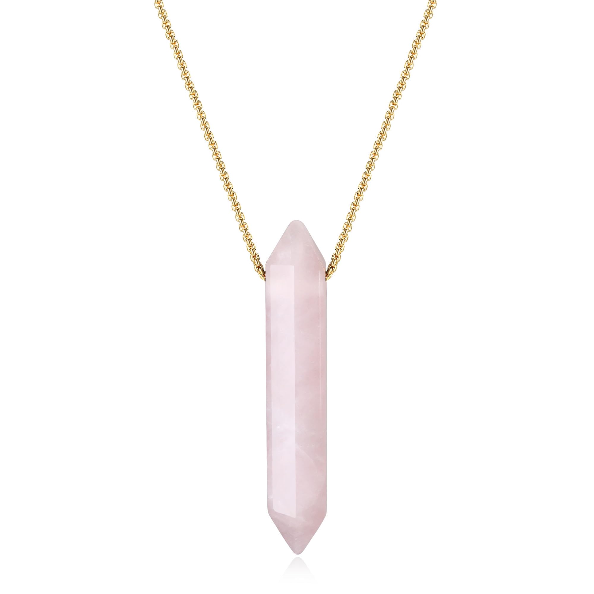COAI Hexagonal Pointed Necklace Simple Bar Necklace Rose Quartz Crystal Necklace for Women