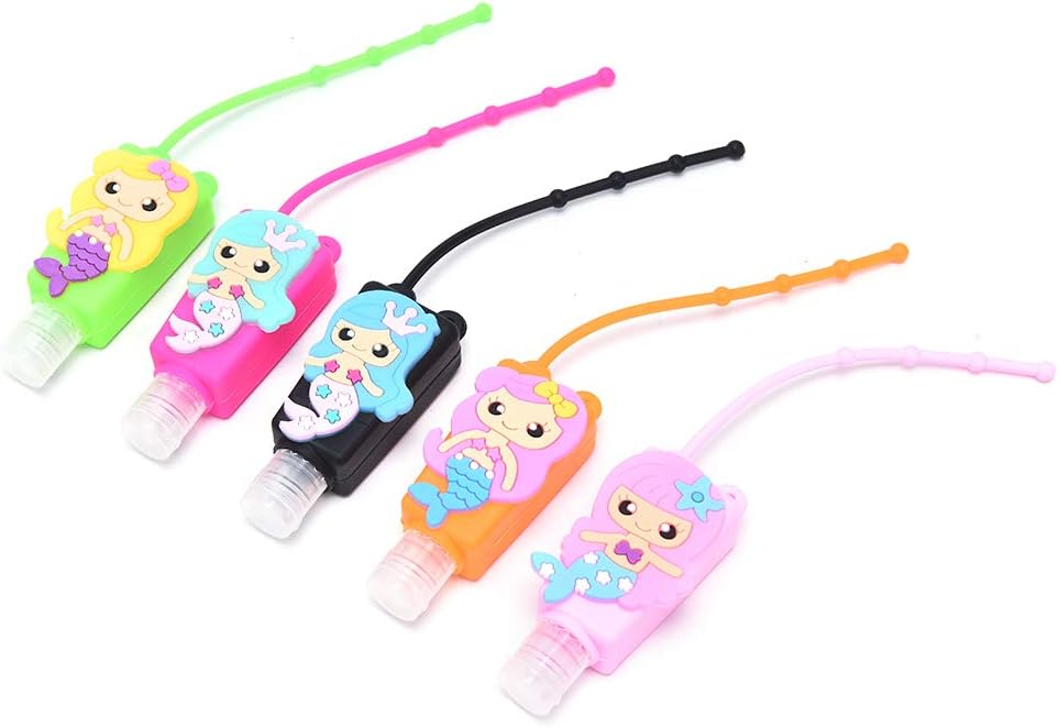 Yiphates 5 Pcs 30 ML Reusable Hand Sanitizer Mermaid Baby Shower Cartoon Silicone Bath Child Shower Hand Sanitizer Holder Detachable Kids Home Travel On-The-Go Bottles Keychain Random Color