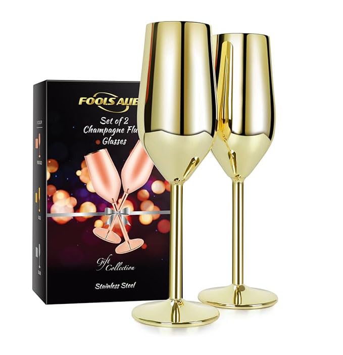 FOOLS ALIBAI 2 Pack Stainless Steel Champagne Glasses, 8oz Elegant Stainless Steel Champagne Flutes, Stemmed Unbreakable Champagne Glasses for Party Wedding Christmas Anniversary, Gold