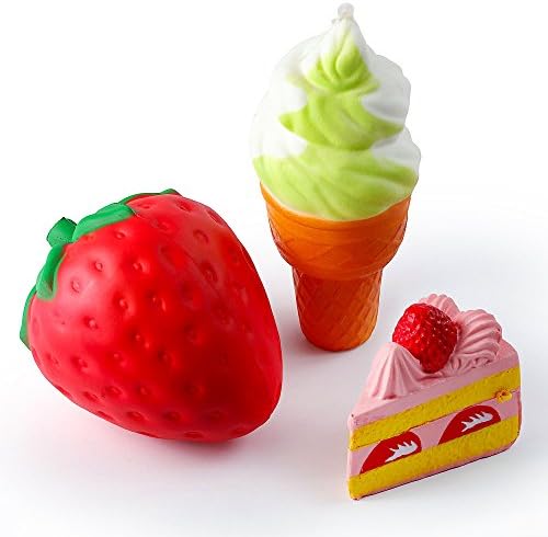 Jumbo Slow Rising Squishies Toy 3 Pcs Set | Stress Relieving and Scented With Straps | Squeeze Ice Cream/Strawberry/Cake For Adults and Kids by Hozy Goods