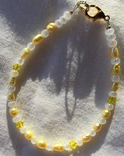 Yellow Rice Pearls and Swarovski Crystal Beads 6 Inch Bracelet