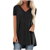 KKG Tops Tunics for Women to Wear with Leggings, Casual Loose Fit V Neck Short Sleeves Summer T Shirt A-Black