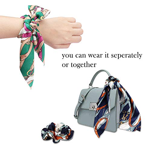 Cubaco Hair Scrunchies Bowknot-Silk Satin Vintage Elastics Scarf Hair Ties with Flower Pattern, Hair Bands Scrunchy Hair Rope Ties Hair Bow Ponytail Holder Accessories for Women Girls