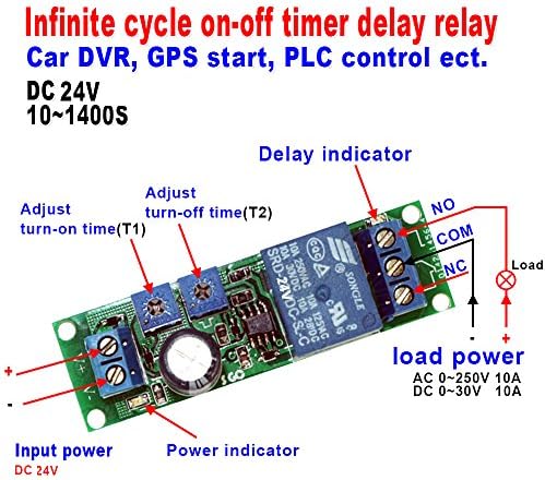 Qianson DC 5V 12V 24V Infinite Cycle Delay Timer Time Relay ON OFF Switch Loop Module 10~1400 Seconds (DC 24V)