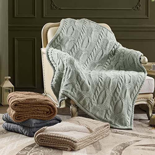 Amélie Home Reversible Sherpa Cable Knit Throw Blanket Soft Cozy Warm