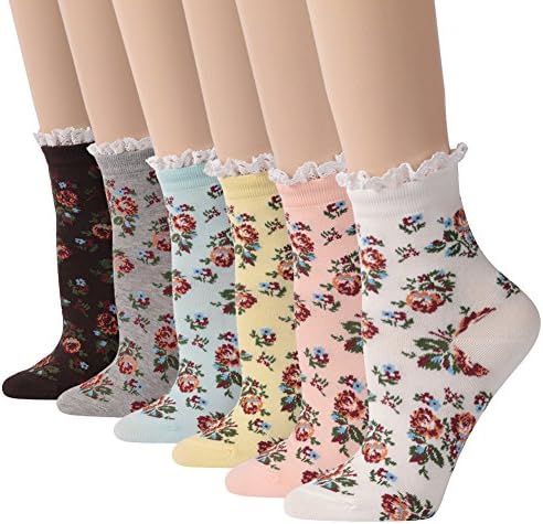 FuncatWomen's Lace Ruffle Frilly Colorful Floral Cotton Casual Novelty Ankle Socks 4/5/6 Pairs
