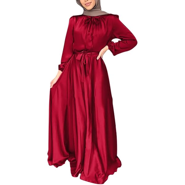 Muslim Women Abaya Bishop Sleeve Dubai Dress Satin Maxi Long Kaftan Robe with Belt Islamic Arabic Clothes Dark Red L at Amazon Women's Clothing store Muslim Women Abaya Bishop Sleeve Dubai Dress Satin Maxi Long Kaftan Robe with Belt Islamic Arabic Clothes Dark Red L at Amazon Women's Clothing store