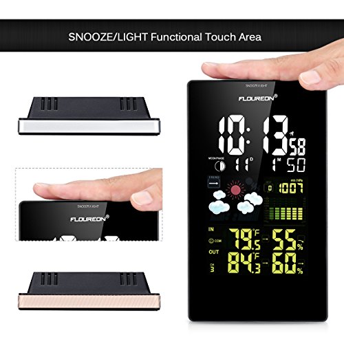 Floureon Weather Station Wireless Weather Forecaster - Indoor/Outdoor Temperature Alert & Humidity Monitor Daily Alarm - Large LCD Color Display - Calendar Time Clock(Dark Theme)
