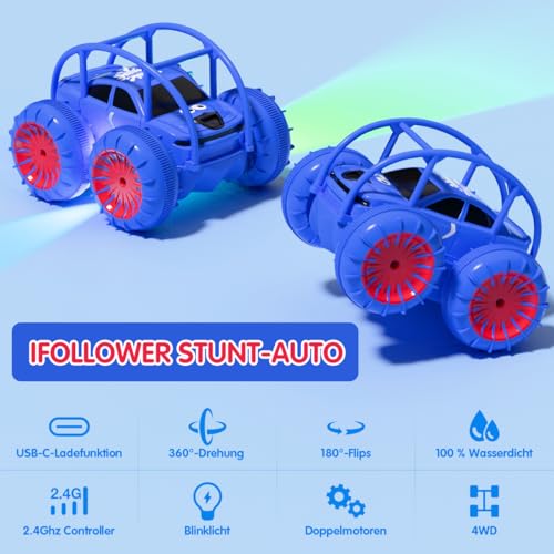 ifollower Remote Control Car Direct Charge 2.4GHz 4x4 Monster Truck Drift Cars with LED Light 360° Rotation Outdoor Water Toys Gift Girl Boy 3-12 Years Old
