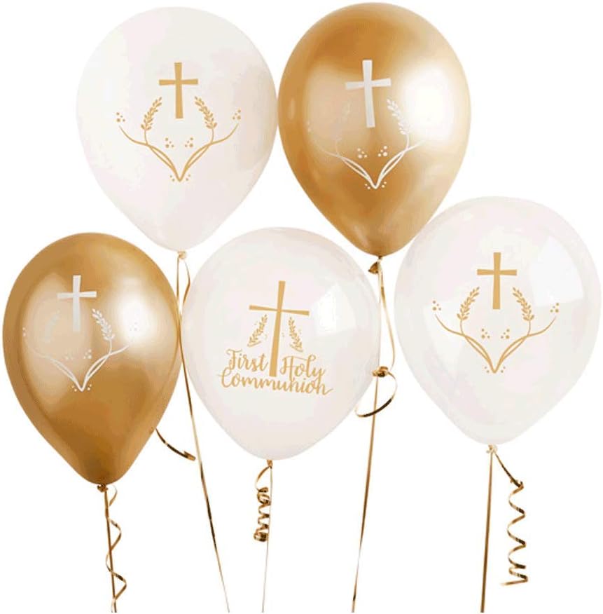 Club Green First Holy Communion Cross & Plants Gold and White Religious Latex Balloons 5pk