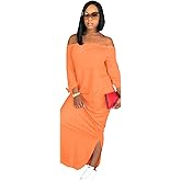 OLUOLIN Women's Casual Letter Print Off Shoulder Long Sleeve Bowknot Sides Slit Loose Long T-Shirt Maxi Dress