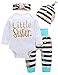 YOUNGER STAR 4Pcs Baby Girls Clothes Little Sister Long Sleeve Romper+Striped Long Pants+Hat (0-6 Months, White Stripe)