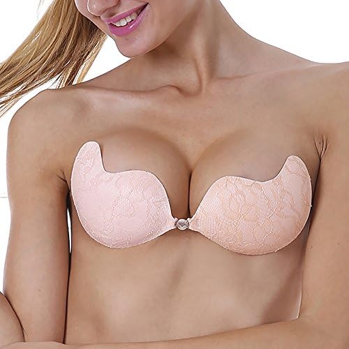 Aedo Backless Self Adhesive Bra Reusable Strapless Padded Invisible Push Up Bra (Cup D, 130 pink)
