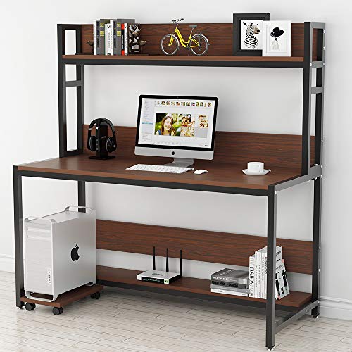 Tribesigns 55" Large Computer Desk with Hutch, Morden Writing Desk with Bookshelf, PC Laptop Study Table Workstation for Home, Cherry Brown+ Black Legs - Thumbnail 2