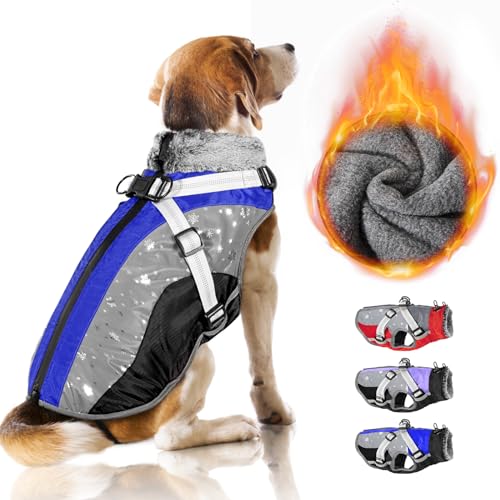 Nasjac Winter Hundemantel Mit Abnehmbarem Geschirr, Wasserdichte Fleece Warm Hundejacke Für Kleine Mittlere Große Hunde, Reflektierende Einstellbare Pelzige Hundekleidung Outdoor Hunter Weste