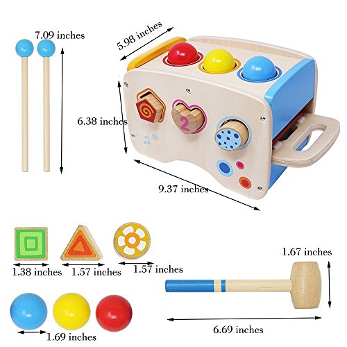 Wondertoys Wooden Toddlers Musical Toys Pound & Tap Bench Slide Out Xylophone with Mallet 3 Balls Shape Sorter Early Development Games for Toddler