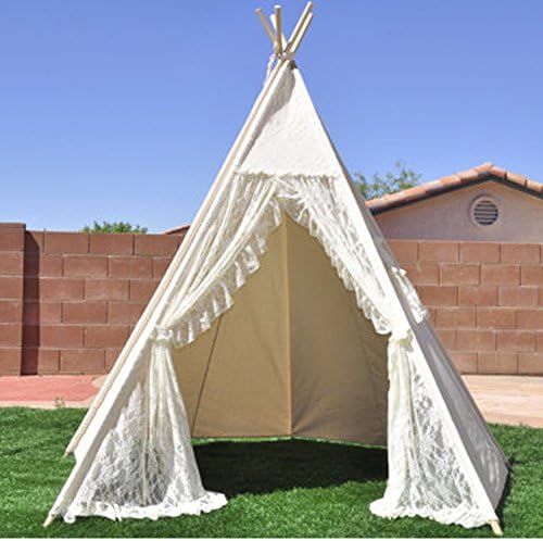 lace Design Play Teepee 100% Cotton Canvas Portable Indoor Tent for Boy and Girls Children Playhouse Teepee with mat
