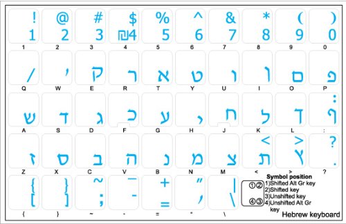 HEBREW KEYBOARD STICKER WITH BLUE LETTERING TRANSPARENT BACKGROUND FOR DESKTOP, LAPTOP AND NOTEBOOK