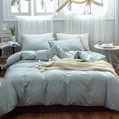 MKXI 3 Pieces Duvet Cover Set Cotton Light Blue King Size Little Daisy Floral Bedding Set with Hidden Zipper Ties 1 White Flowers Print Duvet Cover 2 Pillowcases Natural Bedroom Collection