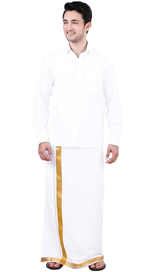 Men's Pure Cotton Double Dhoti(102_White With Zari Border_4m)