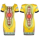 Orangesky Women Traditional African Print Dashiki Bodycon Short Sleeve Dress (L, Yellow)