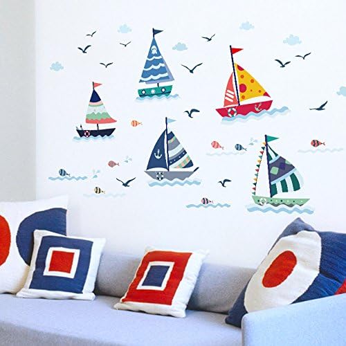 EMIRACLEZE Christmas Gift Seascape Fishes and Saillings Sea Gull Removable Mural Wall Decal forKids Room Wall Decoration Nursery Home Decor