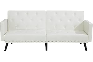 NAOMI HOME Jolene Tufted Split Back Futon, Mid Century Modern Convertible Sofa Bed for Small Rooms, Faux Leather Couch with Elegant Design, Perfect for Your Modern Living Room or Guest Room - White, Faux Leather
