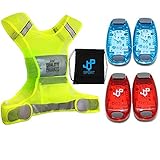 LED Safety Light and Reflective Vest Sets (4-Pack with Clip and 3 BONUSES), Running Light, Running Vest suitable for Jogging, Cycling, Biking, Dog Walking, Strobe Light, Waterproof, By JQP Sports