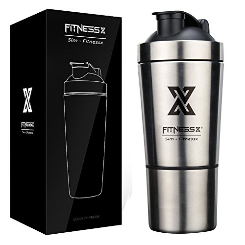 X SIM FITNESSX 700ml+200ml Eiweiss Protein Shaker mit Pulverfach Edelstahl Shaker Eiweiß Becher mit Siebeinsatz für…