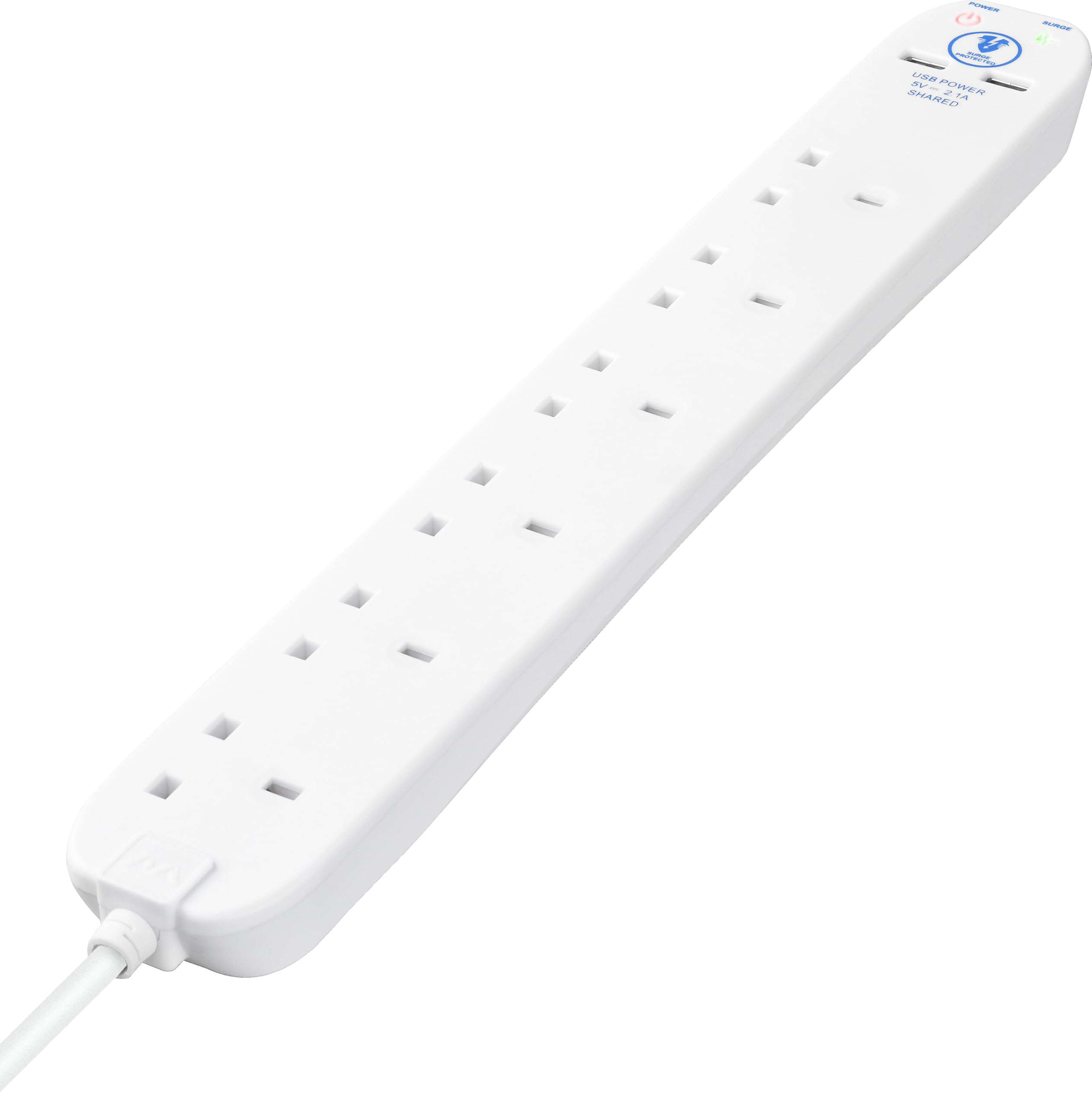 Masterplug Six Socket Surge Protected Extension Lead with 2 USB Ports, 2 Metres, White