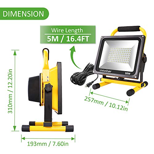 Ustellar 5500LM 55W LED Work Light (400W Equivalent), 2 Brightness Levels, Waterproof Portable Flood Lights, 16ft/5M Cord with Plug, Stand Working Lights for Construction Site, 6000K Daylight White - Thumbnail 3