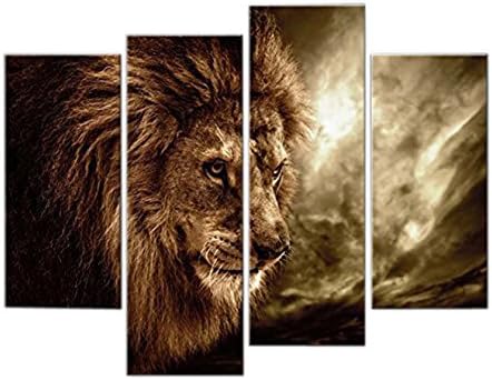 Very artistic Giclee Artwork 4 Panel Wall Art Brown Fierce Lion Against Stormy Sky Painting Picture Print On Canvas Animal Pictures For Home Decor Decoration Stretched By Wooden Frame Ready To Hang
