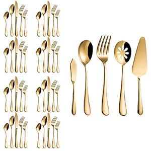 Magicpro Modern Royal – Cubertería de 45 piezas de acero inoxidable dorado para bodas, festivales, fiestas de Navidad, servicio For8