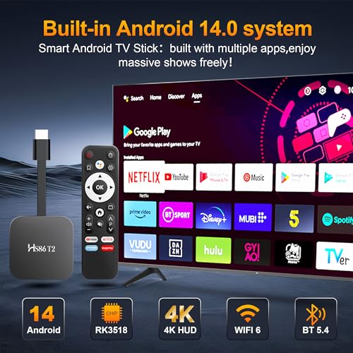 Android TV Stick 14.0, Smart TV Stick 2GB RAM 16GB ROM RK3518 Chip, Dual WiFi 2.4G/5.8G, BT5.0, HDMI 2.0 & HD 4K, Voice Remote Support for Video and Audio, Black 2026