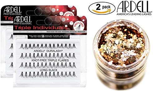 Ardell DURALASH TRIPLE INDIVIDUALS, KNOT-FREE TRIPLE FLARES, Long Black, Contains 56 Individual Lashes (2-PACK with bonus Skin/Hair GLITTER) (Triple Flares, Long (2-PACK))