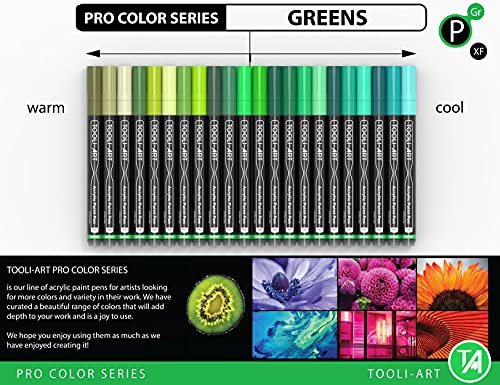 Acrylic Paint Pens Set of 22 Assorted Pro Color Series Markers, 0.7mm Extra Fine Tip for Rock Painting, Glass, Cups, Wood, Canvas, Non-Toxic (Green)