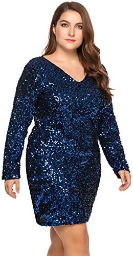 TelDen Women's Sparkle Glitter Sequin Long Sleeve Bodycon Shiny Party Dress Vegas (Navy Blue 24W)